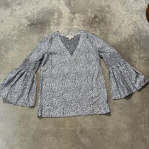 Michael Kors Blouse‎ Womens M V Neck Animal Print Bell Sleeve Tunic Silver/Black